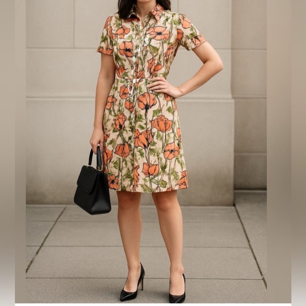 Tory Burch, Derick Poplin Poppy Shirt Dress, Size 14